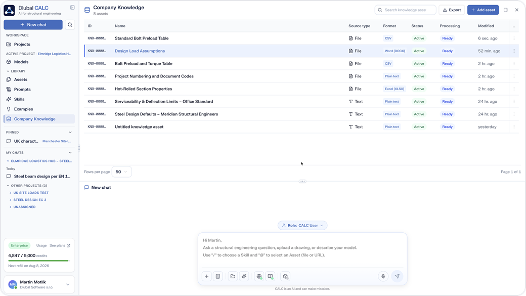 Captura de ecrã mostra a secção de conhecimento num novo produto de IA de uma empresa, destacando a funcionalidade Dlubal CALC para uma execução de projetos melhorada.
